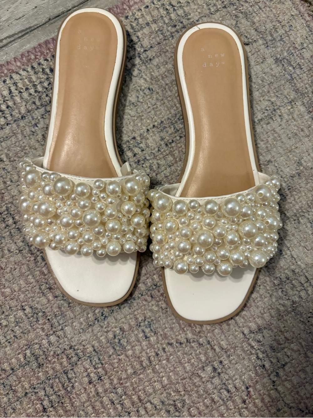 New Day Pearl-Embellished White Slide Sandals